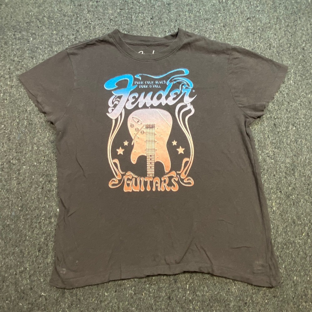 Fender Rocker Mens‎ Medium Black Graphic T-Shirt Stratocaster Guitar Music Tee